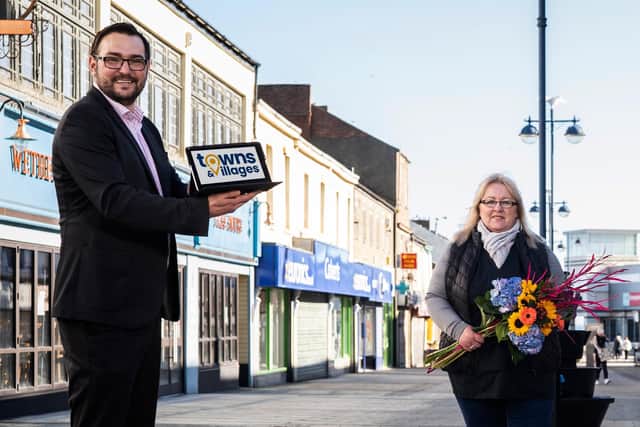 Coun Carl Marshall, Durham County Council’s Cabinet member for economic regeneration with Karan Batey, of Karan’s Florists, in Church Street, Seaham