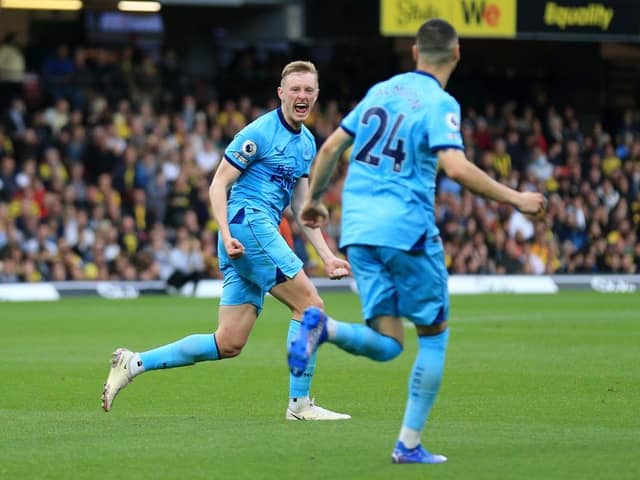 Sean Longstaff celebrates scoring his first goal in more than a year.