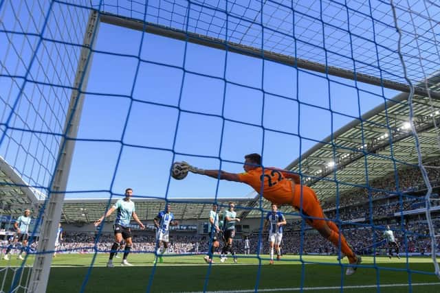 BRIGHTON, ENGLAND - AUGUST 13: Nick Pope of Newcastle United makes a save during the Premier League match between Brighton & Hove Albion and Newcastle United at American Express Community Stadium on August 13, 2022 in Brighton, England. (Photo by Mike Hewitt/Getty Images)