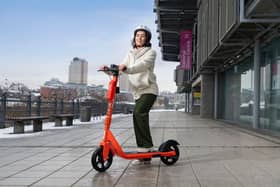 One of the e-scooters being put to the test on the riverside at St Peter's.