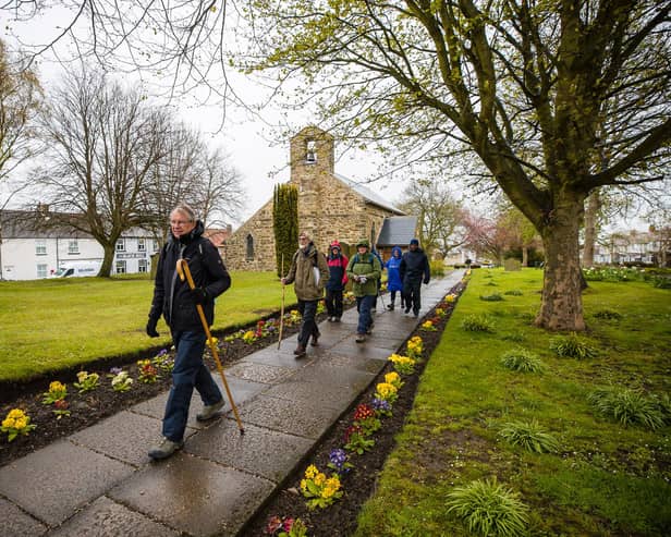 Bishop Paul leads the Inaugural Pilgrim walkers on day two of the Wy of Love from St Mary Magdalene church in Trimdon.
