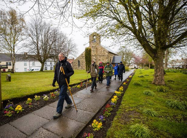 Bishop Paul leads the Inaugural Pilgrim walkers on day two of the Wy of Love from St Mary Magdalene church in Trimdon.