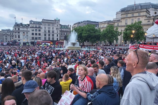 A sea of red and white was found in Trafalgar Square yesterday.