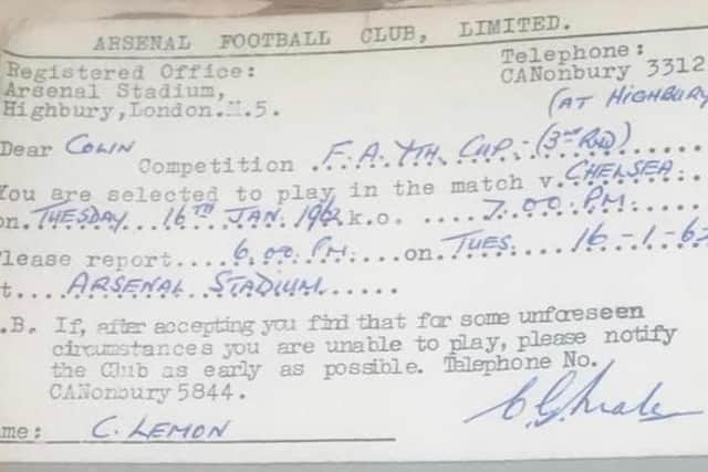 A cutting from Colin Lemon's scrapbook inviting him to travel to London to represent Arsenal in the FA Youth Cup.