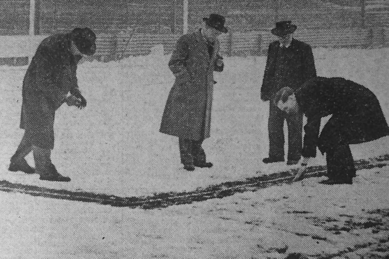 A pitch inspection at Pools on February 26th 1956. Hartlepool were due to play Accrington Stanley at the Victoria Ground but the game was called off because of snow and ice. Pictured left to right are director S Spaldin, secretary F Perryman, groundsman W Snowden and Cleethorpes referee J Swain. Photo: Hartlepool Museum Service.