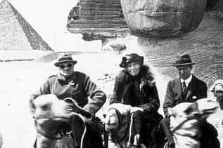 Gertrude Bell at the Sphinx in 1921, between Winston Churchill, left and TE Lawrence. Note Gertrude is the only one capable of controlling a camel. Picture from the Gertrude Bell Archive, Newcastle University.