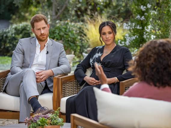 Undated Harpo Productions handout photo of the Duke and Duchess of Sussex during their interview with Oprah Winfrey. Issue date: Thursday March 4, 2021.