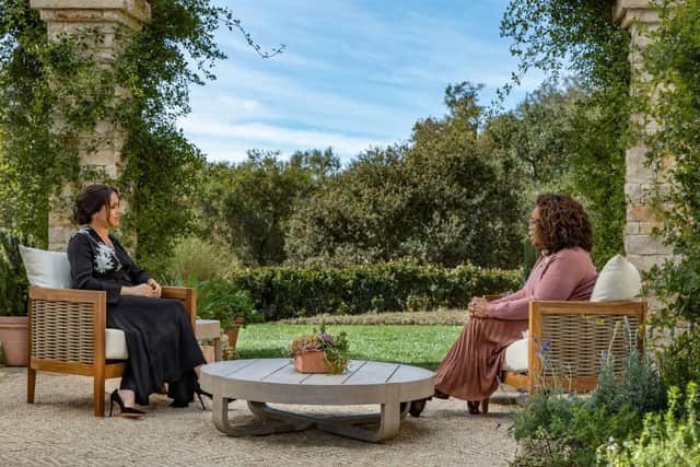 Oprah Winfrey interviews Meghan Markle before the pair were joined by Prince Harry