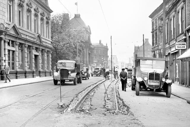 Workmen were pulling up part of the tram track in Borough Road, in 1952.  Next stretch of tram track to  be removed was the  Corporation Road - Ryhope Road line.