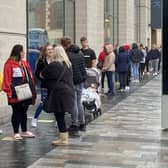 Queues of people wait to shop at Primark as Sunderland shops reopen following lockdown.