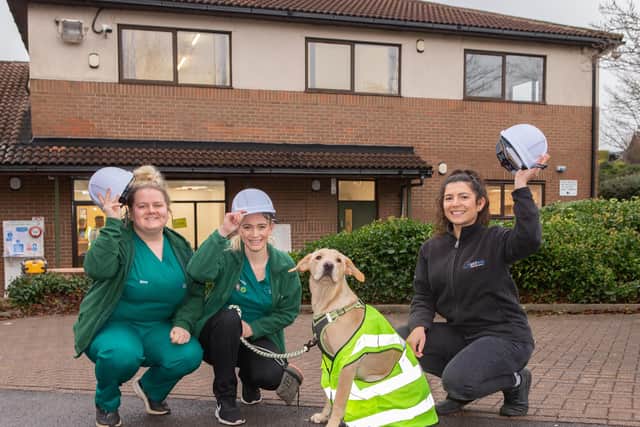From left: veterinary nurse Nina Cuppitt, senior veterinary nurse Louisa Crabtree and senior veterinary surgeon Rebecca Dobinson with Jax the Labrador outside the new premises to be completed in January.