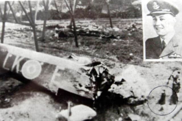 The wreckage of Cyril Barton's stricken bomber in 1944.