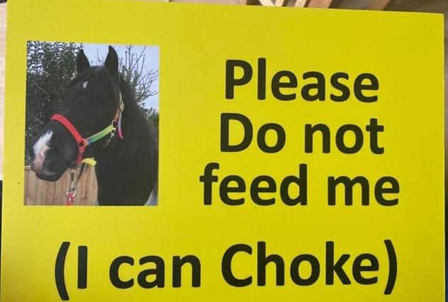 Amanda Wharton has had a special sign made up with her horse Tally's photo on it in the hope people won't feed her treats.