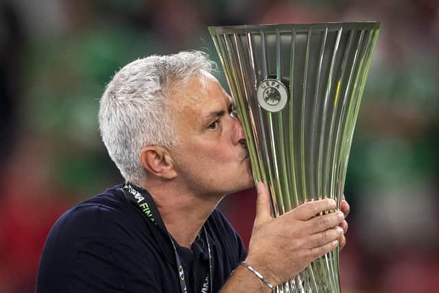 TIRANA, ALBANIA - MAY 25: Jose Mourinho, Head Coach of AS Roma kisses the UEFA Europa Conference League Trophy after their sides victory during the UEFA Conference League final match between AS Roma and Feyenoord at Arena Kombetare on May 25, 2022 in Tirana, Albania. (Photo by Justin Setterfield/Getty Images)