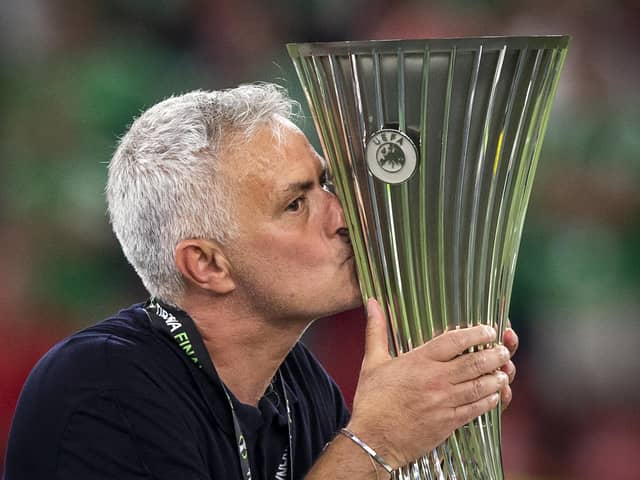 TIRANA, ALBANIA - MAY 25: Jose Mourinho, Head Coach of AS Roma kisses the UEFA Europa Conference League Trophy after their sides victory during the UEFA Conference League final match between AS Roma and Feyenoord at Arena Kombetare on May 25, 2022 in Tirana, Albania. (Photo by Justin Setterfield/Getty Images)