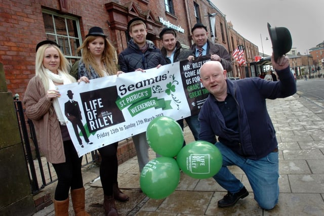 Seamus Whelan, front, was hosting a St Patrick's Weekend event at Life of Riley, Green Terrace,  10 years ago. Pictured with him were  left to right; Hannah McCaffery, Kyra Boutell, Matt Eyre, Daniel Whale and assistant manager Michael Hall.