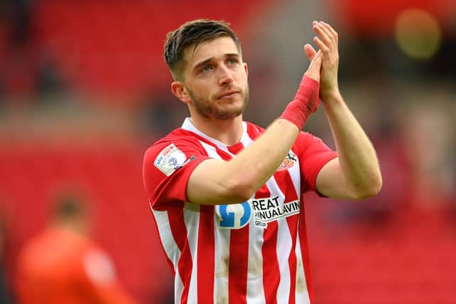 Sunderland player Lynden Gooch reacts dejectedly after the Sky Bet League One Play-off Semi Final 2nd Leg match between Sunderland and Lincoln City  at Stadium of Light on May 22, 2021 in Sunderland, England