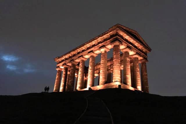 Penshaw Monument lit up gold for Autism Acceptance in 2021