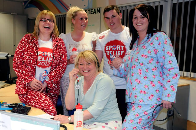 Ross Beacher and his pyjama-clad colleagues Amanda Henderson, Rachael Bell, Leanne Nicholson and Toni Bilton raised laughs and money for Sport Relief at Barclays Call C in Doxford Business Park, in 2012.