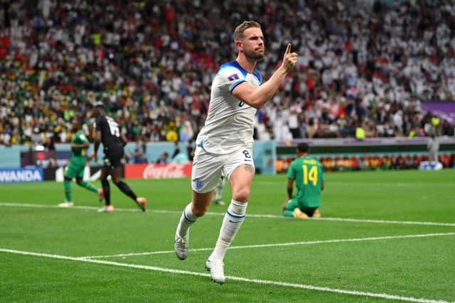 Jordan Henderson celebrates after scoring for England against Senegal at the World Cup (Photo by Dan Mullan/Getty Images)