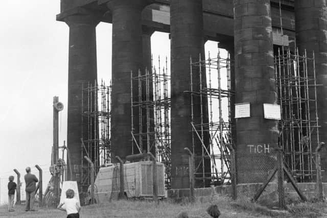 Penshaw Monument fenced off while undergoing repairs in 1978.