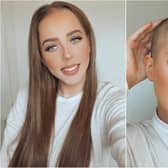 Elly before suffering from postpartum hair loss and after shaving her head