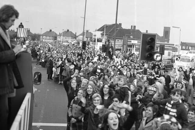 The view of the Sunderland 1973 football team homecoming parade from the Press lorry.