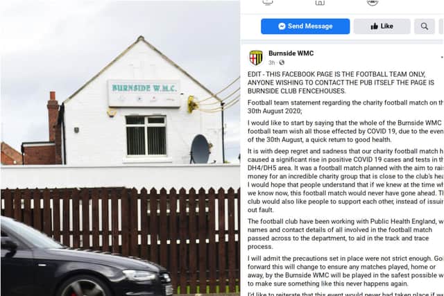 Burnside Working Men's Club football team has apologised on Facebook following a charity fundraising event which saw 28 people become infected with coronavirus