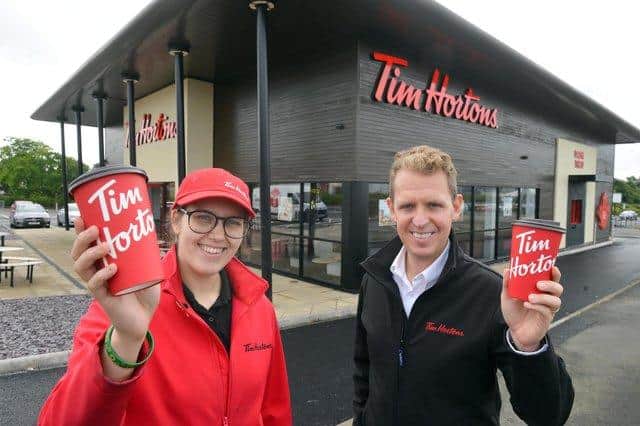 Washington Tim Hortons restaurant manager Amy Appleby with chief commercial officer Kevin Hydes ahead of opening to the public.