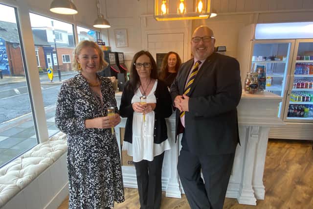 (L-R) Joanne Cooper, deputy CEO, Back on the Map; Joan Hutchinson, CEO, Sunderland Home Care Associates; Lilian Shevlin, cafe manager, Sunderland Home Care Associates;   Cllr Graham Miller, leader of Sunderland City Council, at the new Social Kitchen cafe.