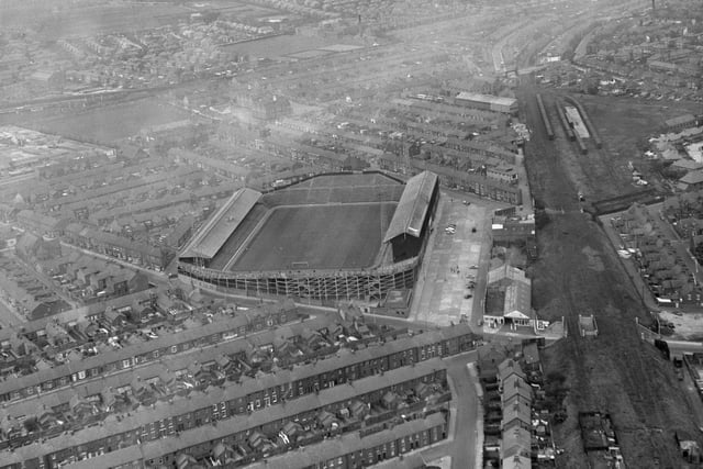 A 1960 view of the stadium before the Fulwell End was covered.