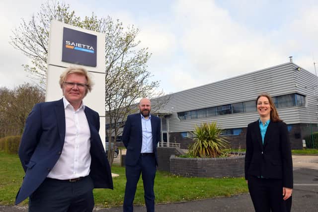  Saietta CEO Vic Kist (left) with Plant Manager Duncan Hedley and Sunderland City Council Assistant Director of Economic Regeneration Catherine Auld at the former ZF plant.