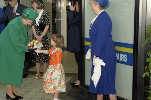 Helen Key presents a posy to Her Majesty at Sunderland Station in May 1993.