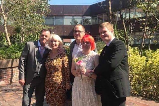 Melissa and Andrew with her brother David Mitchell, mum Eileen Mitchell and dad Ian Gibson