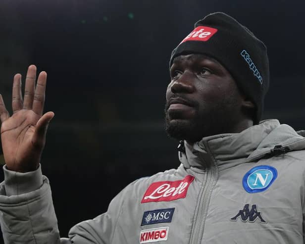 MILAN, ITALY - FEBRUARY 12:  Kalidou Koulibaly of SSC Napoli greets the fans prior to the Coppa Italia Semi Final match between FC Internazionale and SSC Napoli at Stadio Giuseppe Meazza on February 12, 2020 in Milan, Italy.  (Photo by Emilio Andreoli/Getty Images)