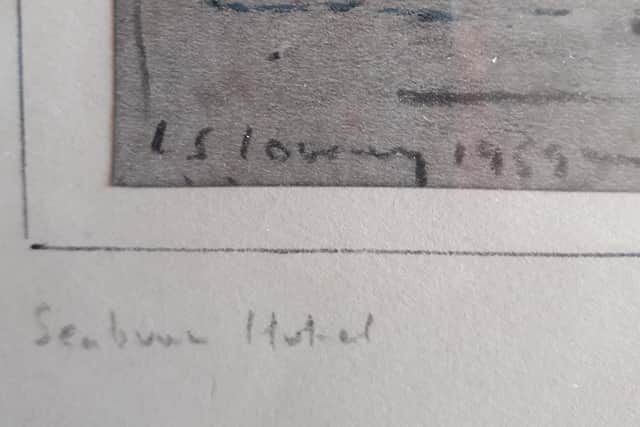This pencil drawing is signed 'LS Lowry 1959' and says 'Seaburn Hotel'.