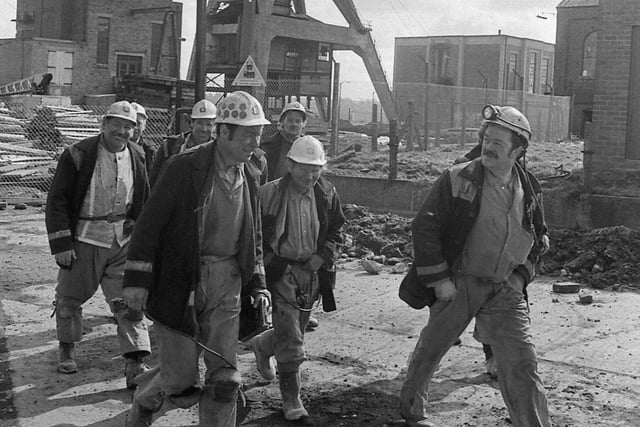 Miners finishing their last shift at South Hetton Colliery in 1983.