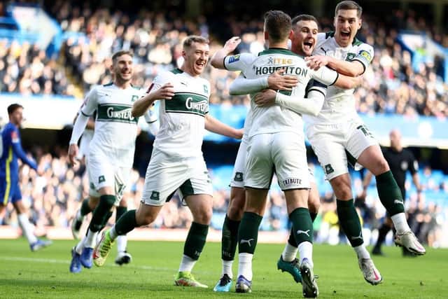 Macaulay Gillesphey of Plymouth celebrates after scoring against Chelsea. (Photo by Bryn Lennon/Getty Images)