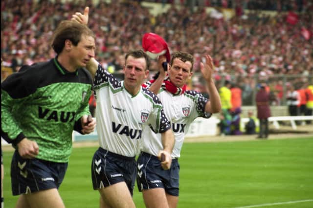 Sunderland players Tony Norman, Kevin Ball and Gordon Armstrong at the 1992 FA Cup final. Pictured just after they had collected winners' medals - by mistake.