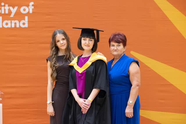Vikki Ishcheriakova (centre) with her mum Svitlana and daughter Yasya at Vikki's graduation in Sunderland.