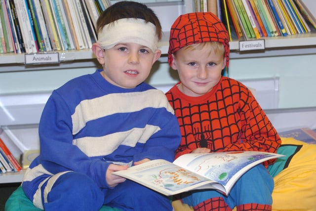 Dylan Robson and Joe Trueman dressed as Mr Bump and Spiderman for the school's Book Celebrations Week 15 years ago.