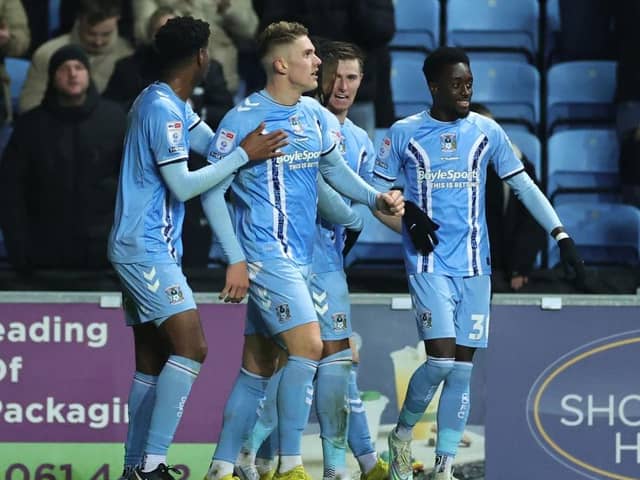 Viktor Gyokeres of Coventry City celebrates with team mates. (Photo by David Rogers/Getty Images).