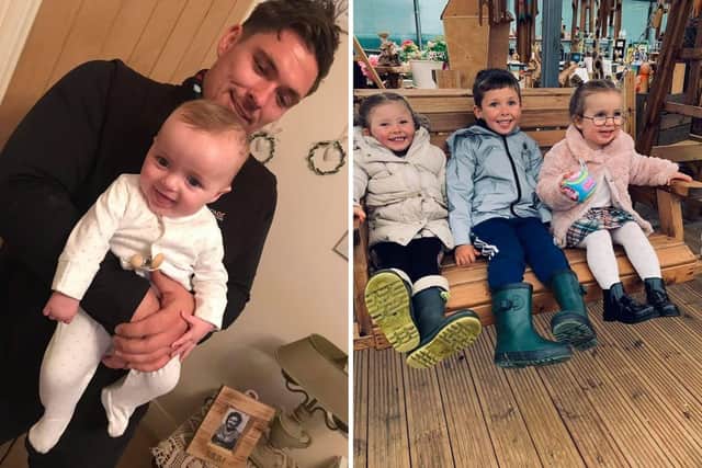 Left: Tom pictured with niece and goddaughter Ophelia-Jayne. Right: Daughter Evelyn, son Marshall and niece Ophelia-Jayne.