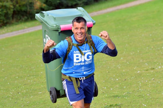 Deano Franciosy can often be spotted on popular North East runs - with a wheelie bin on his back.