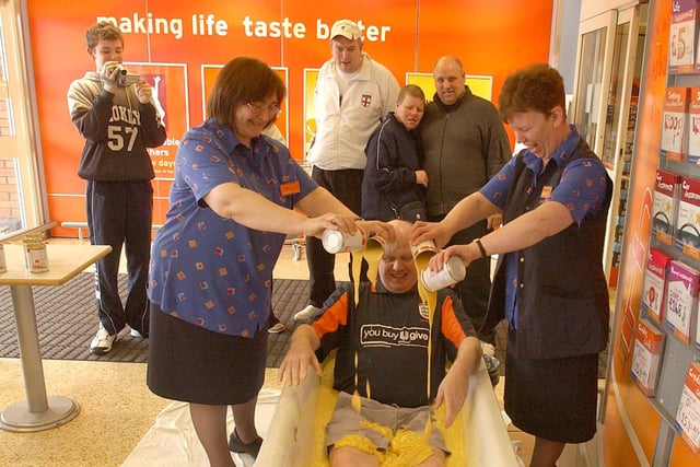 Duty manager Mick Scholey enjoyed a custard bath at Sainsburys in Silksworth for Red Nose Day in 2006.