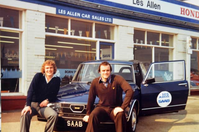 Sunderland AFC players Jeff Clarke, left and Barry Siddall were sponsored by Les Allen and seen here outside his car showroom in around 1979.