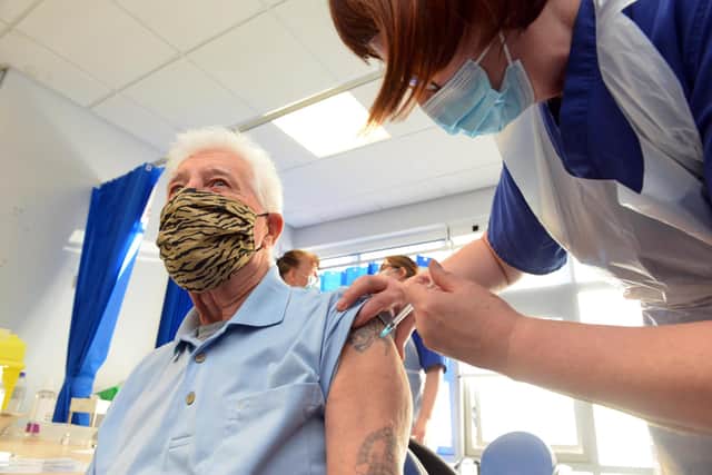 Patients are being asked to wear a face covering as they attend medical appointments. Among those to follow the rules is William Jackson, shown here as he attended Grindon Lane Primary Care Centre for his Covid-19 vaccine.