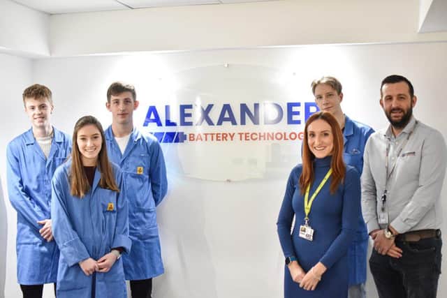 Alexander Battery Technologies Apprentices with Emma Norbury and Managing Director Mark Rutherford