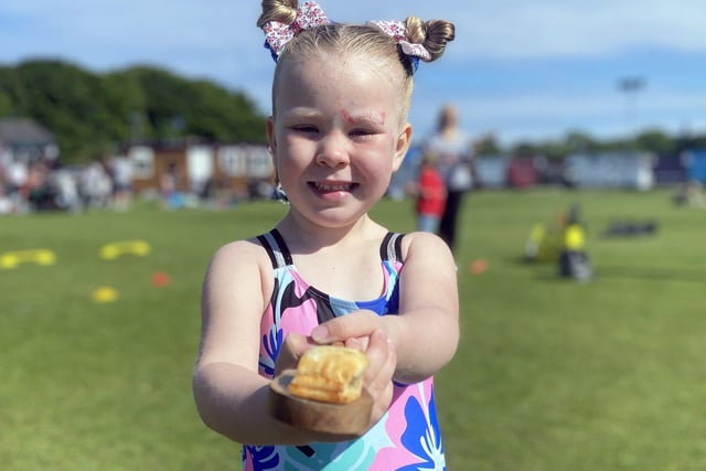 Nahla Bell (5) wins the 'Tattie and Spoon' race at the Queen's Jubilee celebrations at Seaham Cricket Club.