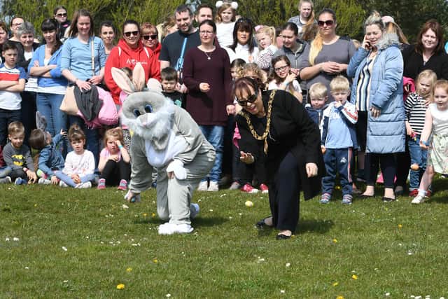 The Mayor of Sunderland Coun. Lynda Scanlan and the Easter Bunny getting the 2019 Penshaw Bowl underway at Herrington Country Park last year.